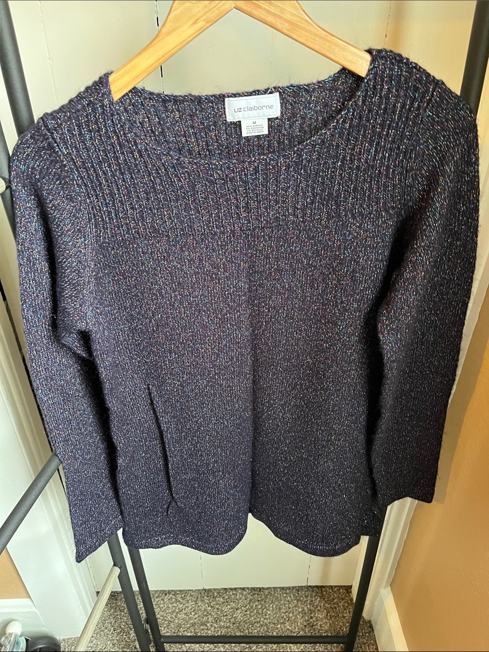 Liz Claiborne Metallic Navy & Multicolor Crewneck Sweater